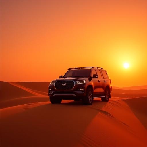 Veicolo 4x4 di lusso fermo su una duna di sabbia al tramonto.
