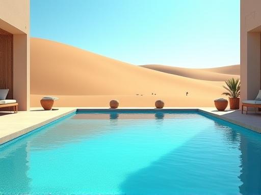 Momento di puro relax in una lussuosa piscina privata, con vista mozzafiato sulle morbide dune di sabbia.